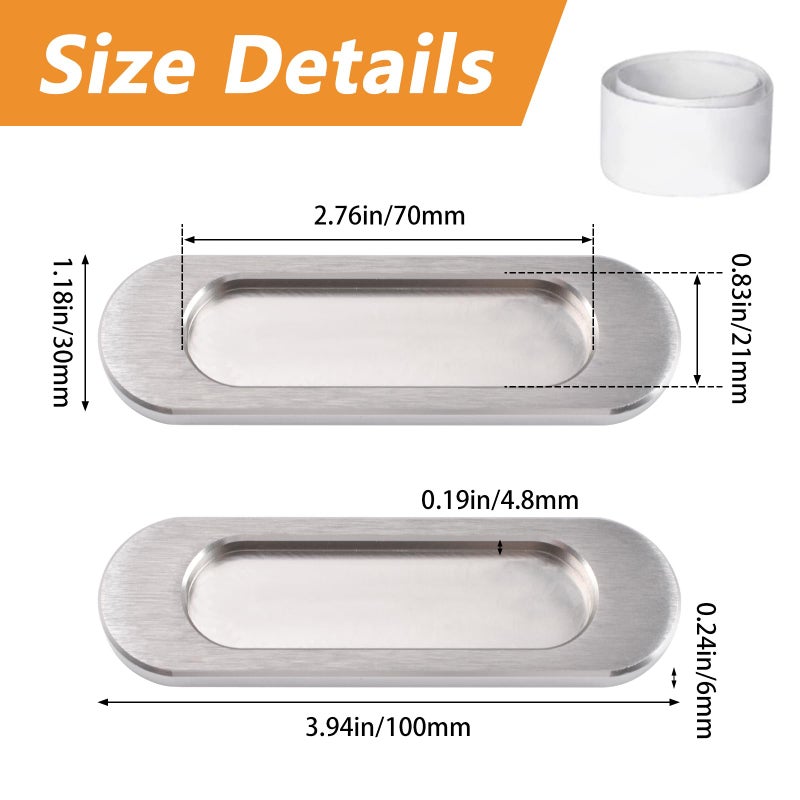 MOROBOR Self-Stick Oval Sliding Door Pulls  2pcs Aluminum Alloy Hidden Recessed Pull Handle for Sliding Barn Door  Closet Cabinet Drawers (Brushed Steel  100mm) - Image 2